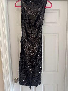 Black Sequin Evening Dress - Sleek Cocktail Style Lace up sides